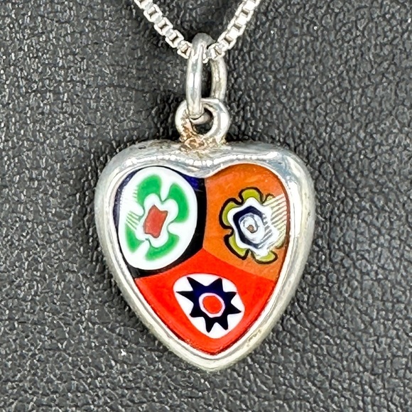 Vintage Millefiori Heart Necklace Italian 925 Sterling Silver Box Chain Red Blue - Picture 10 of 11